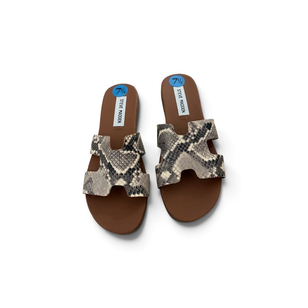 Steve Madden Beige and Black Snake-Print Slide Sandals